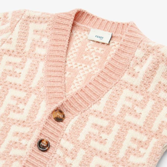 Kids Cream Chenille Cardigan Pink Fendi Apparel 6RHH2815