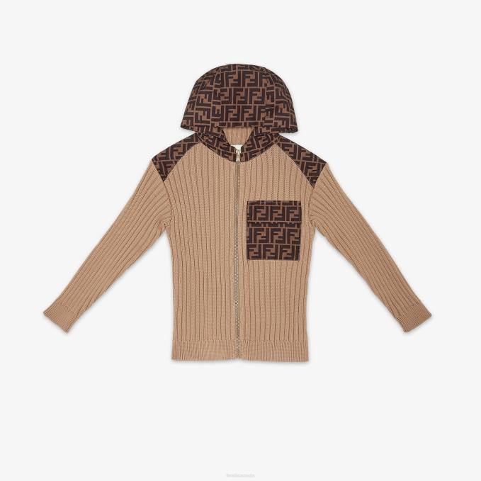 Kids Cotton Knit And FF Nylon Sweater Beige Fendi Apparel 6RHH2962