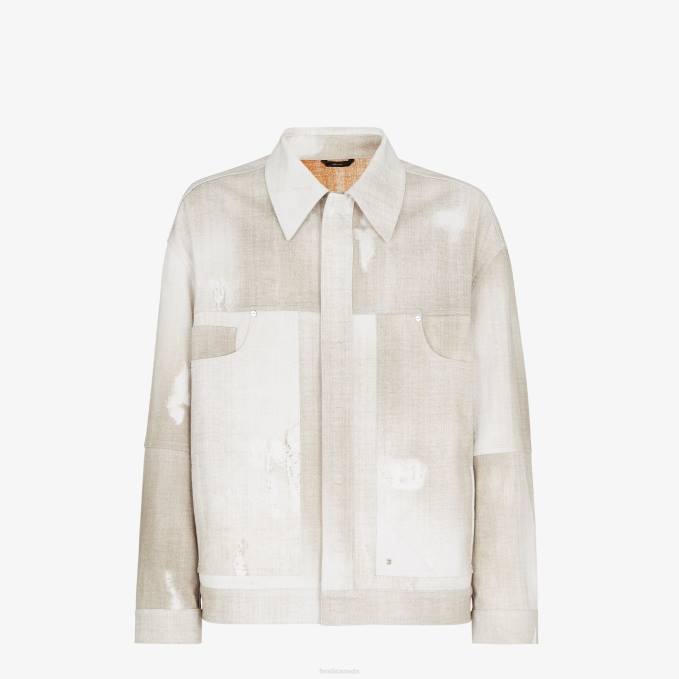 Men Printed Denim Jacket Beige Fendi Apparel 6RHH2001
