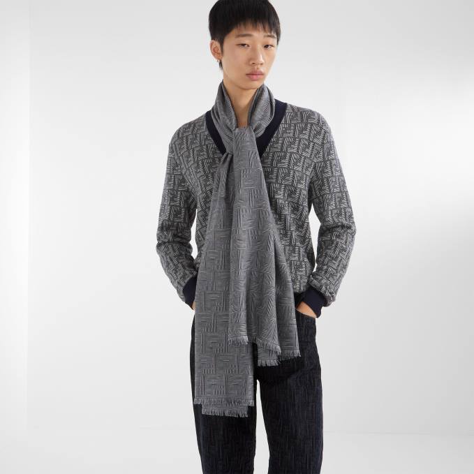 Men Wool Cardigan Blue Fendi Apparel 6RHH2186