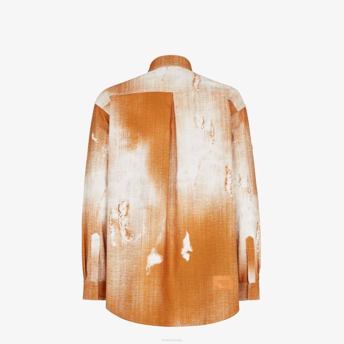 Men Printed Denim Shirt Orange Fendi Apparel 6RHH2045