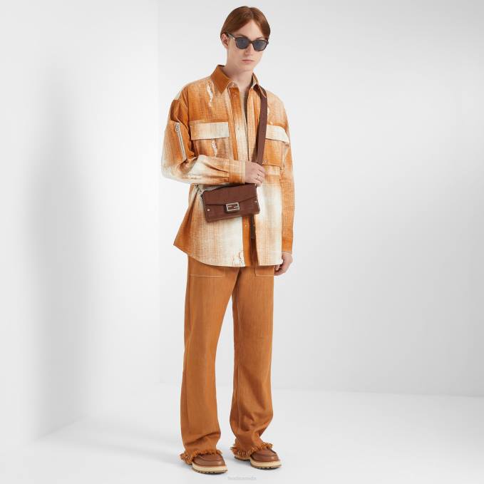 Men Printed Denim Shirt Orange Fendi Apparel 6RHH2045