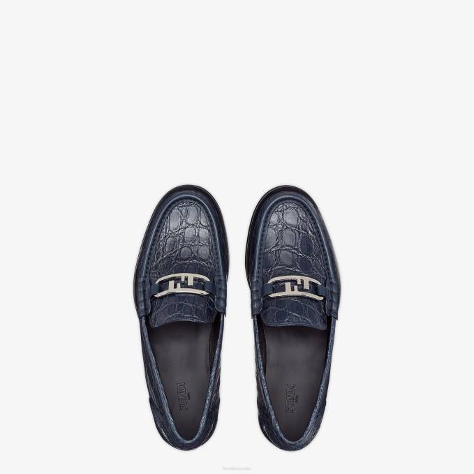 Men Caiman Leather Loafers Blue Fendi Shoes 6RHH2267