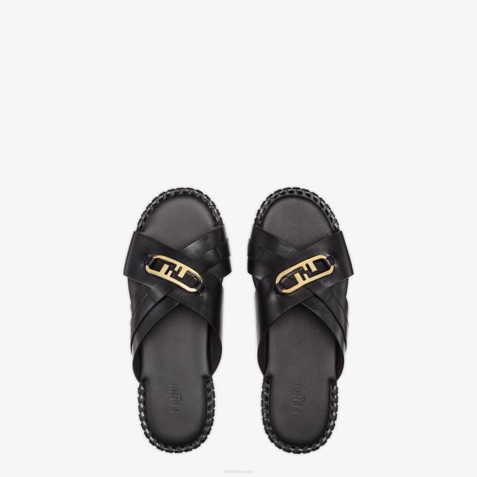 Men Leather Slides Black Fendi Shoes 6RHH2278