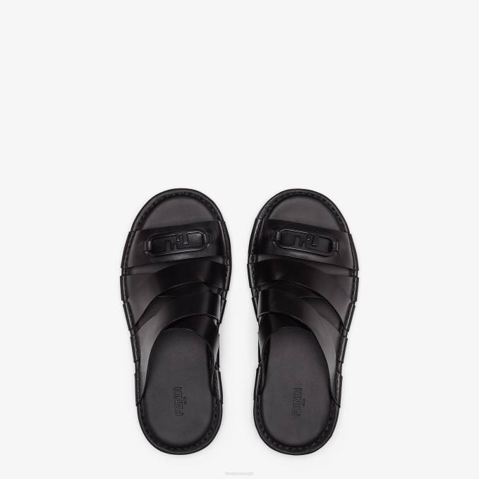 Men Leather Slides Black Fendi Shoes 6RHH2280