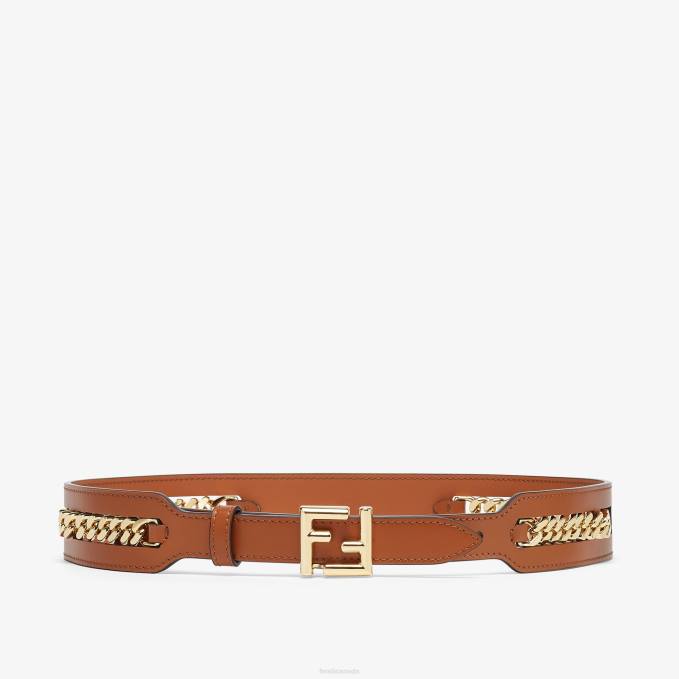Women Leather Belt With Chain Detail Brown Fendi Accessories 6RHH94