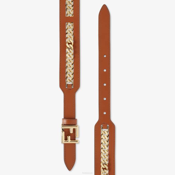 Women Leather Belt With Chain Detail Brown Fendi Accessories 6RHH94