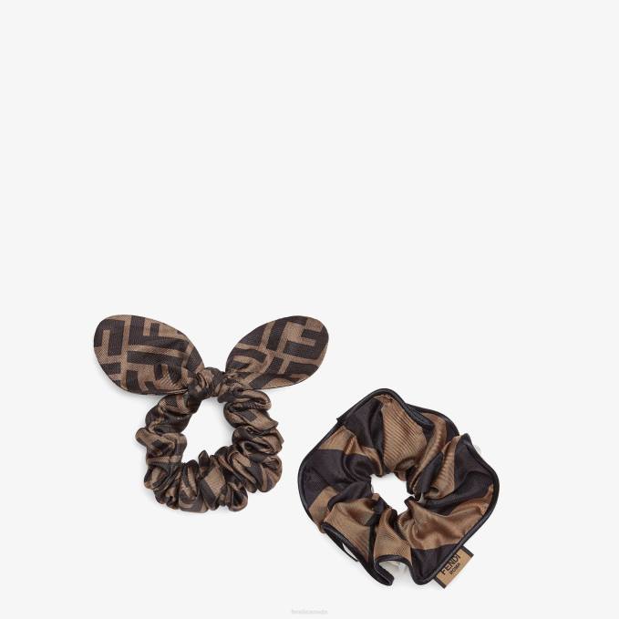 Women Set Of Two Elastic Silk Hairbands Brown Fendi Accessories 6RHH243