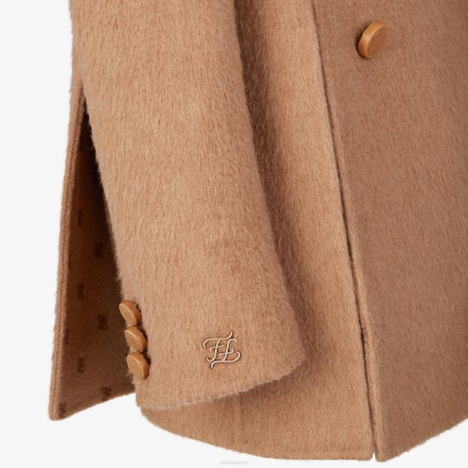 Women Camel Hair Pea Coat Brown Fendi Apparel 6RHH1244