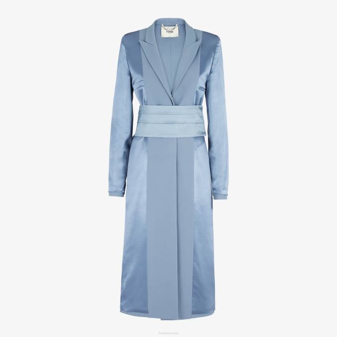 Women Satin And Wool Gabardine Overcoat Blue Fendi Apparel 6RHH1124