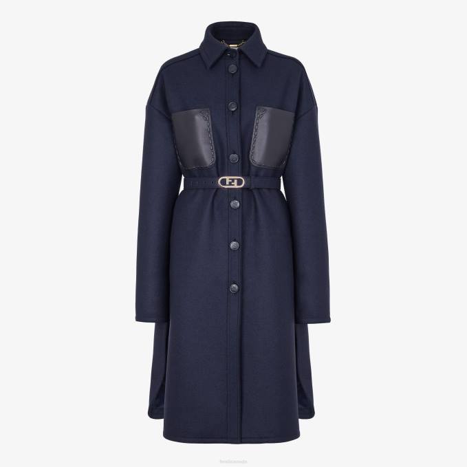 Women Wool Coat Blue Fendi Apparel 6RHH1235