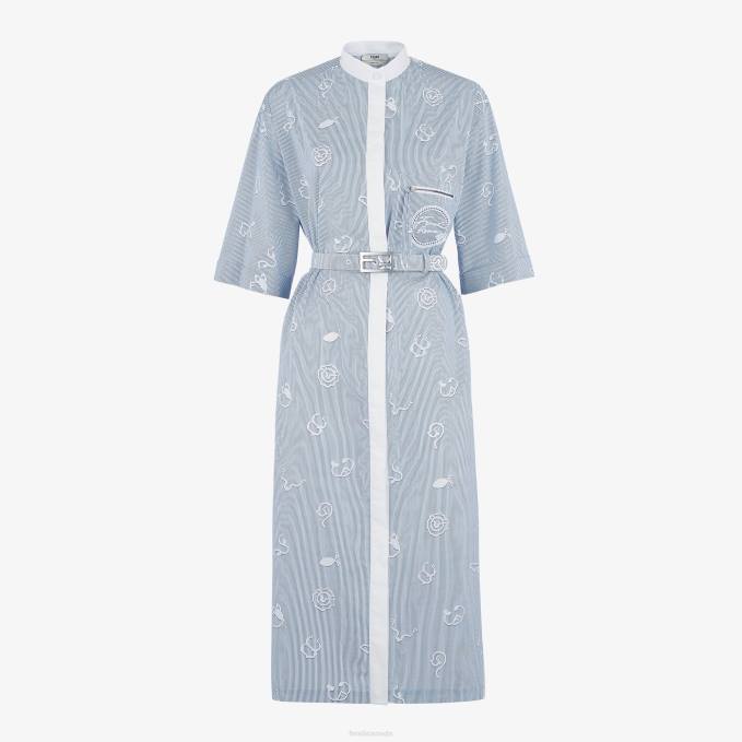 Women Cotton Shirt Dress Blue Fendi Apparel 6RHH1044