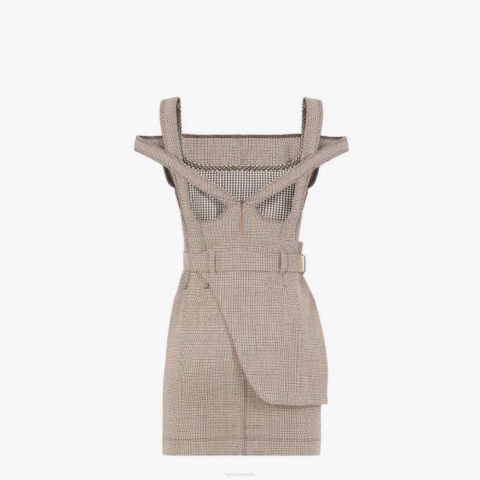 Women Houndstooth Wool Dress Beige Fendi Apparel 6RHH1223