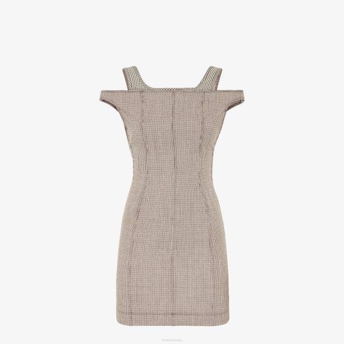 Women Houndstooth Wool Dress Beige Fendi Apparel 6RHH1223