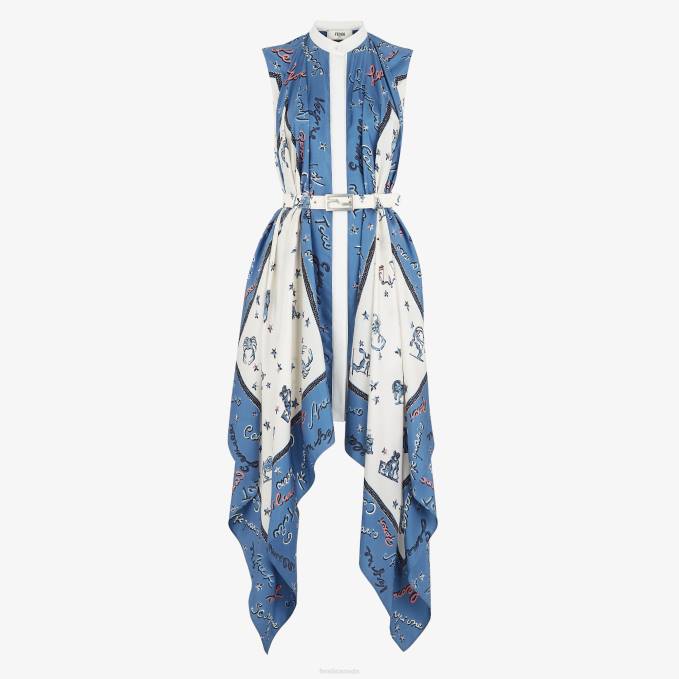 Women Silk Dress Blue Fendi Apparel 6RHH1039