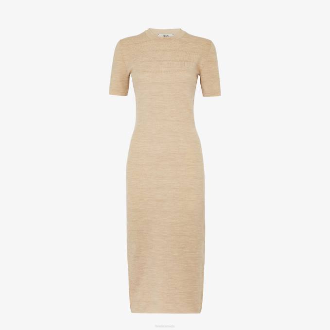 Women Wool Dress Beige Fendi Apparel 6RHH1082