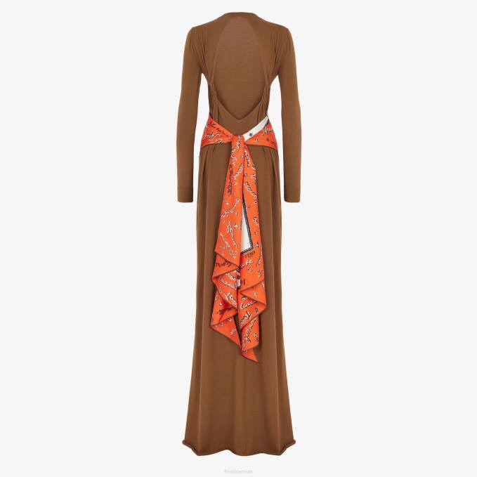 Women Wool Dress Brown Fendi Apparel 6RHH1249