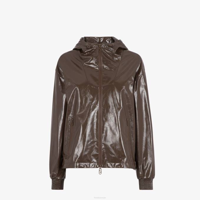 Women Glossy Leather Jacket Brown Fendi Apparel 6RHH1169