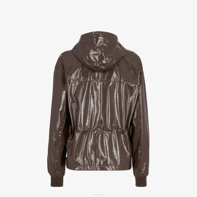 Women Glossy Leather Jacket Brown Fendi Apparel 6RHH1169