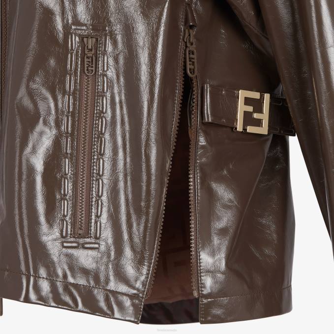 Women Glossy Leather Jacket Brown Fendi Apparel 6RHH1169