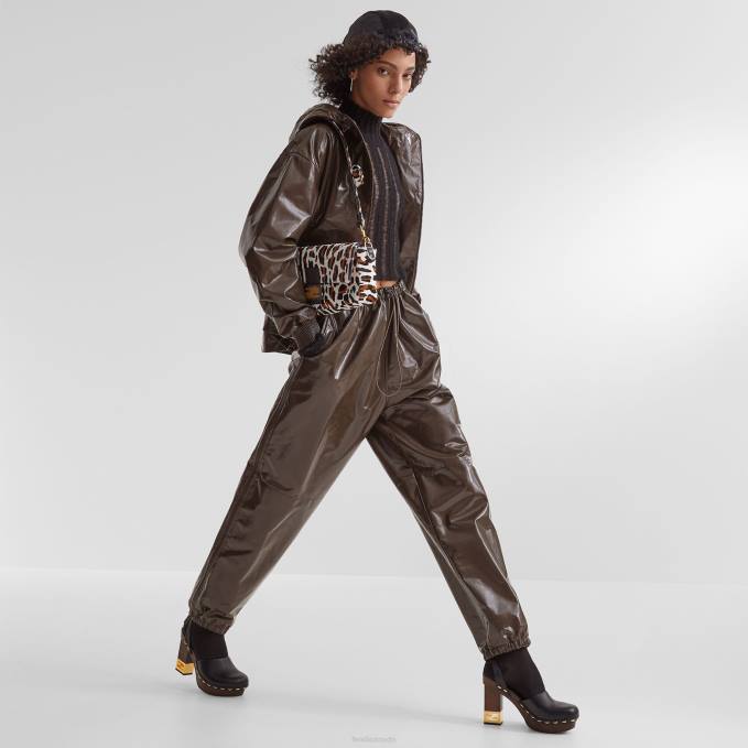 Women Glossy Leather Jacket Brown Fendi Apparel 6RHH1169