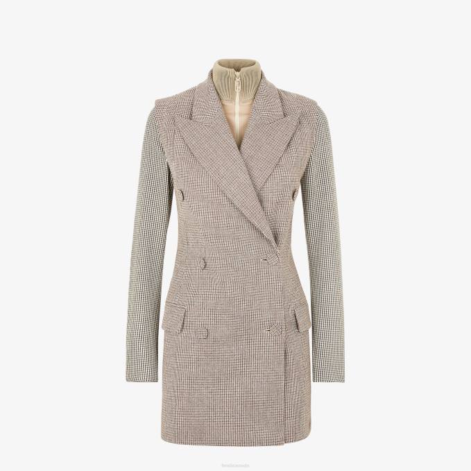 Women Houndstooth Wool Jacket Beige Fendi Apparel 6RHH1224