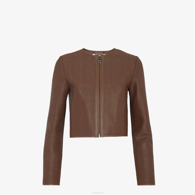 Women Woven Leather Jacket Brown Fendi Apparel 6RHH1140