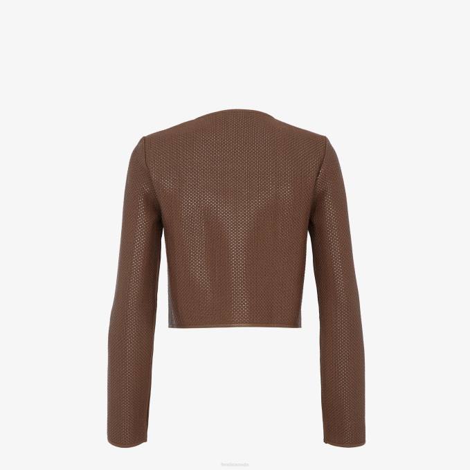 Women Woven Leather Jacket Brown Fendi Apparel 6RHH1140