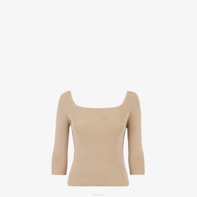 Women Cotton Sweater Beige Fendi Apparel 6RHH1115