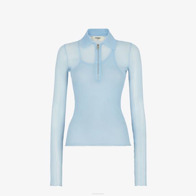 Women Silk Polo Shirt Light blue Fendi Apparel 6RHH927