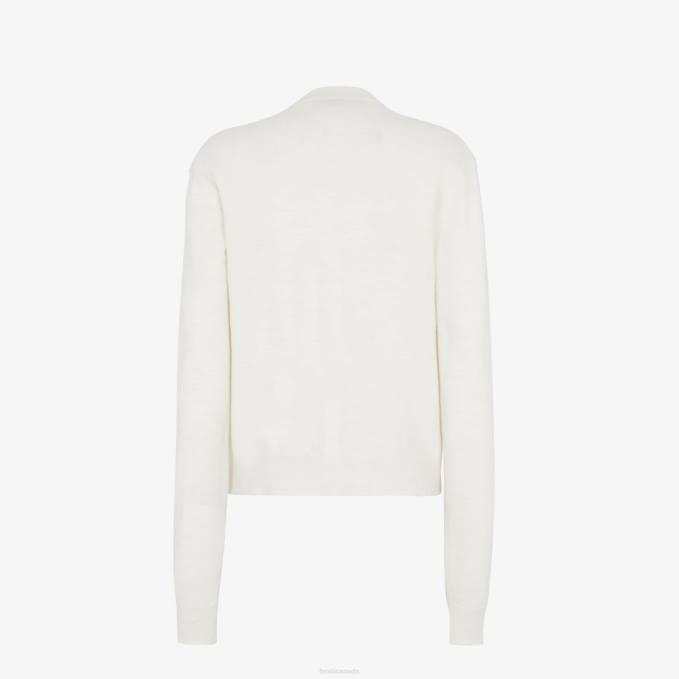 Women Wool Cardigan White Fendi Apparel 6RHH924