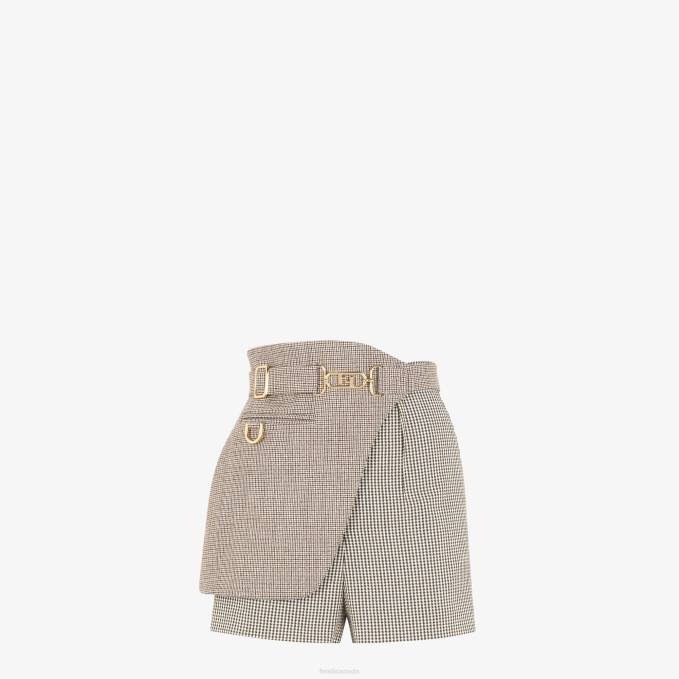 Women Houndstooth Wool Shorts Beige Fendi Apparel 6RHH1225