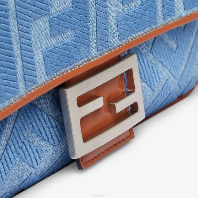 Women Denim Bag With FF Embroidery Light blue Fendi Accessories 6RHH626