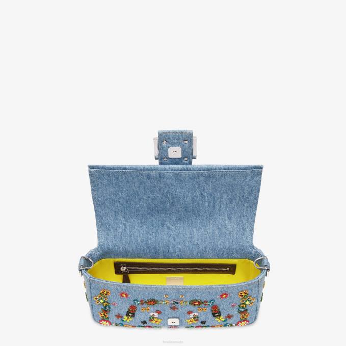 Women Denim Re-Edition Bag With Flower Embroidery Light blue Fendi Accessories 6RHH635