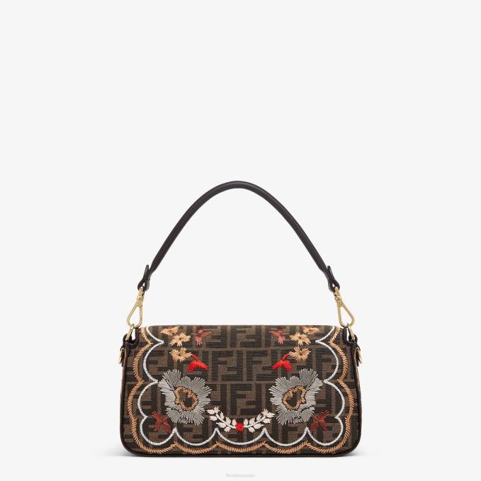 Women FF Jacquard Fabric Bag With Floral Embroidery Brown Fendi Accessories 6RHH583