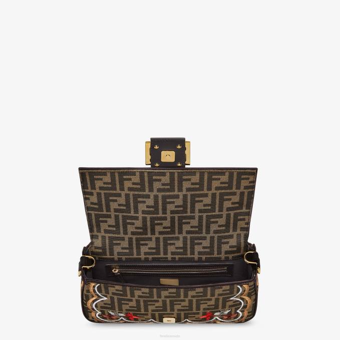 Women FF Jacquard Fabric Bag With Floral Embroidery Brown Fendi Accessories 6RHH583