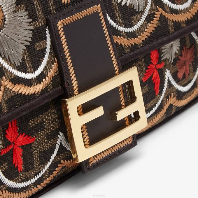 Women FF Jacquard Fabric Bag With Floral Embroidery Brown Fendi Accessories 6RHH583