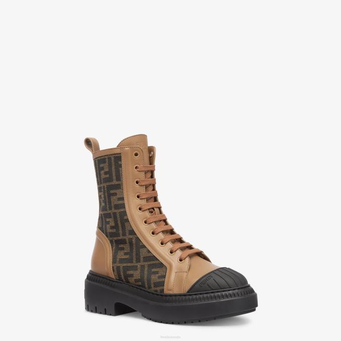 Women Leather Biker Boots Beige Fendi Shoes 6RHH1352