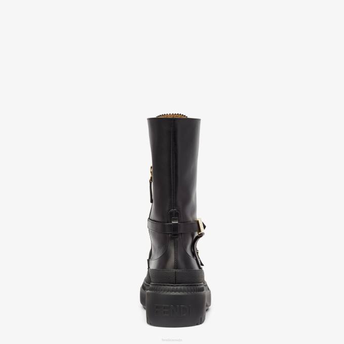 Women Leather Biker Boots Black Fendi Shoes 6RHH1264