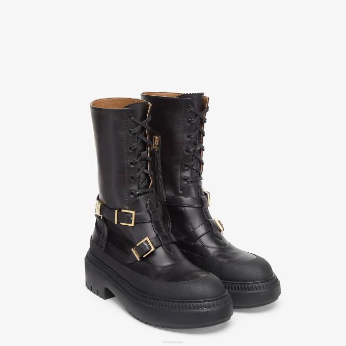 Women Leather Biker Boots Black Fendi Shoes 6RHH1264
