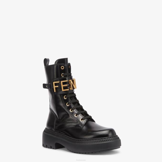 Women Leather Biker Boots Black Fendi Shoes 6RHH1358