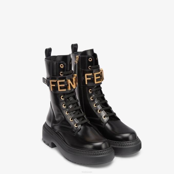 Women Leather Biker Boots Black Fendi Shoes 6RHH1358