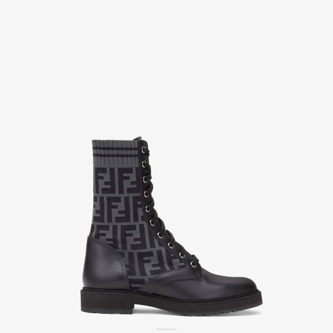 Women Leather Biker Boots With Stretch Fabric Black Fendi Shoes 6RHH1353
