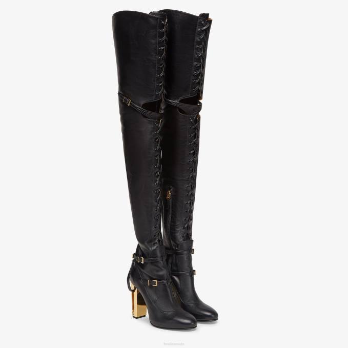 Women Leather High-Heeled Boots Black Fendi Shoes 6RHH1263