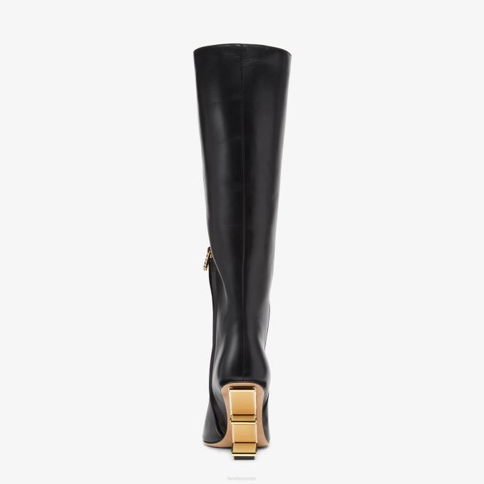 Women Leather, High-Heeled Boots Black Fendi Shoes 6RHH1356