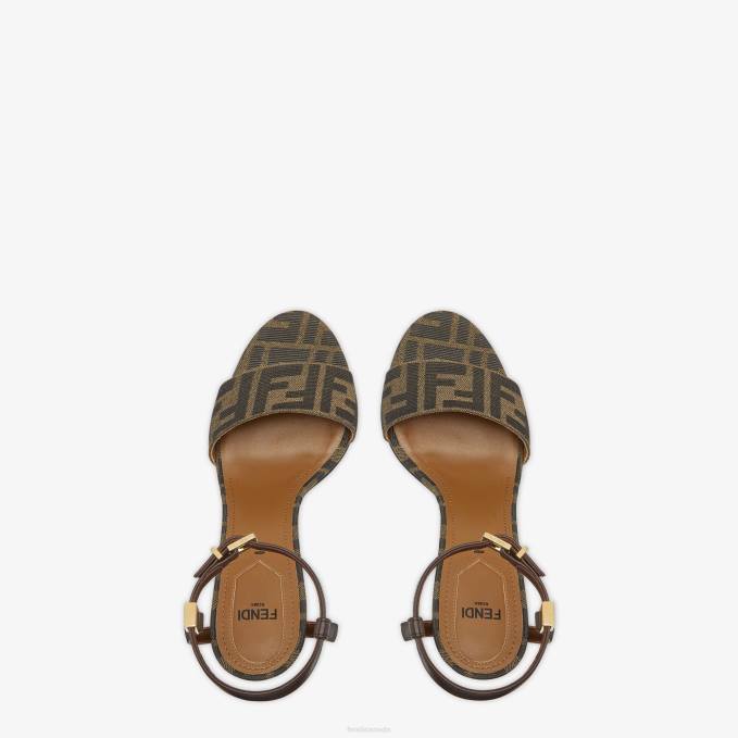 Women Fabric High-Heeled Sandals Brown Fendi Shoes 6RHH1259