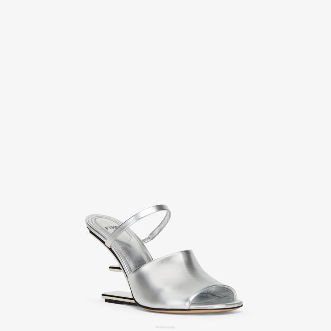 Women Leather High-Heeled Sandals Silver Fendi Shoes 6RHH1341