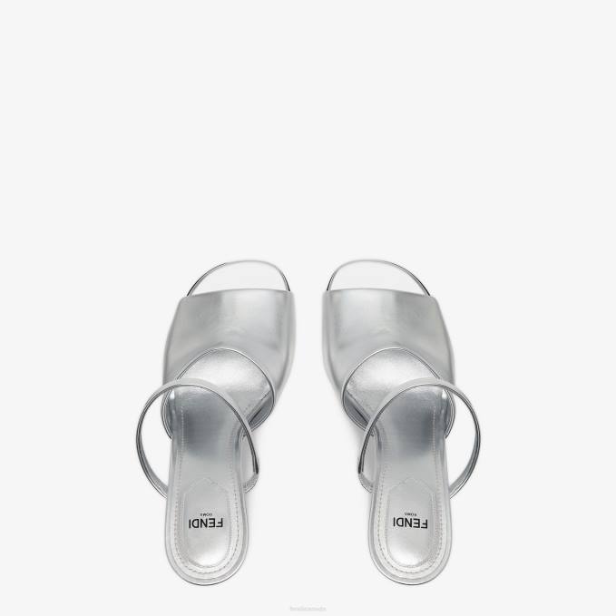 Women Leather High-Heeled Sandals Silver Fendi Shoes 6RHH1341