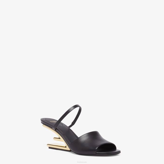 Women Leather Medium-Heeled Sandals Black Fendi Shoes 6RHH1370