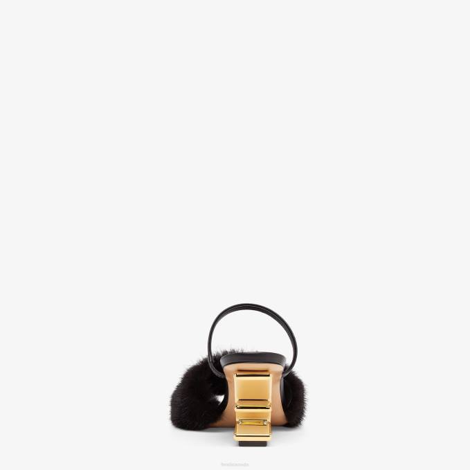 Women Mink Medium-Heel Sandals Black Fendi Shoes 6RHH1377